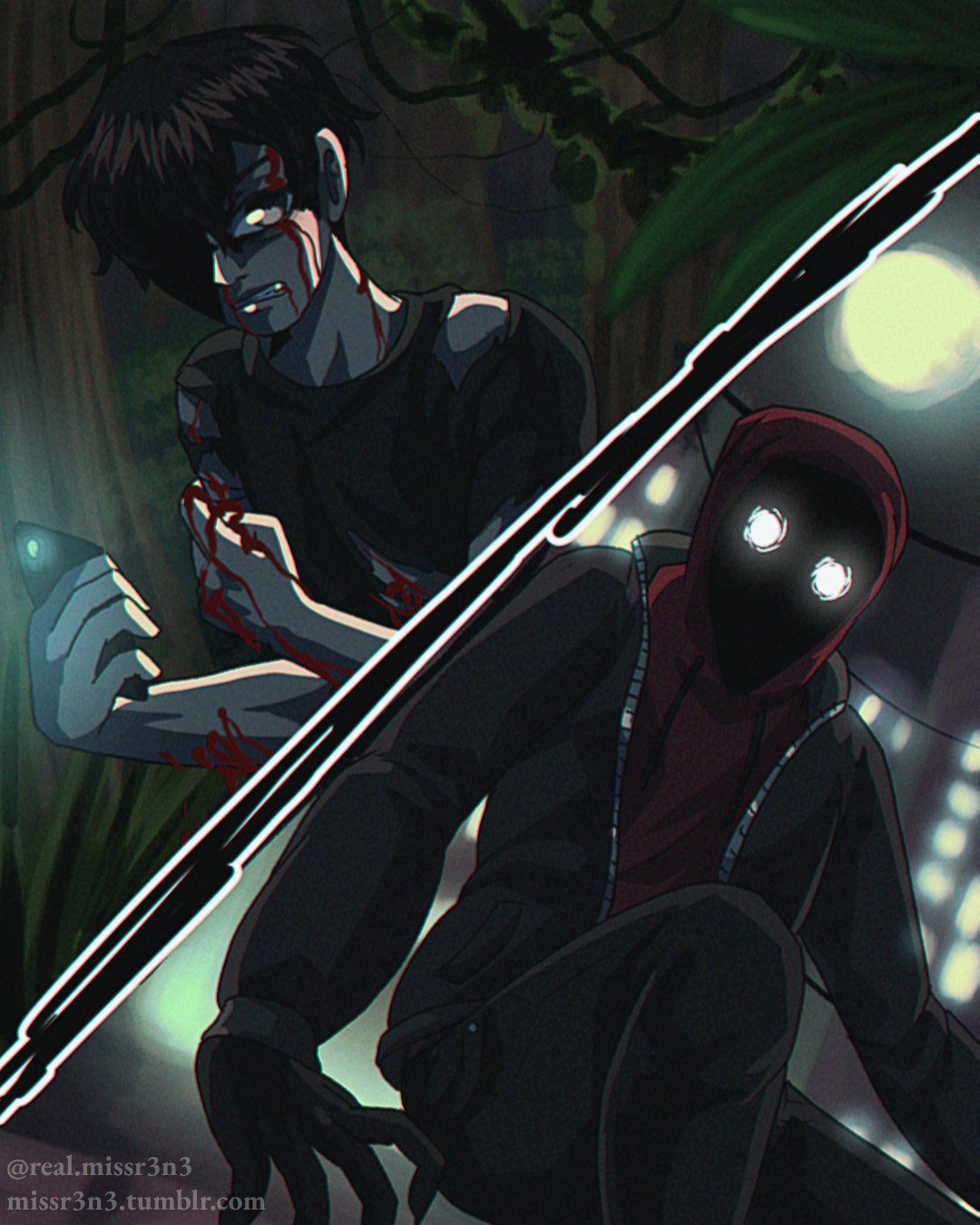 two panels of the personas edm producer danger uses. the left panel depicts a pale man covered in blood walking through a jungle. he uses the light of his cellphone to navigate. in the right panel is a shadow creature with beedy white eyes. they're dressed in techwear and are sitting on a wall brick wall, the lights of a city visible behind them